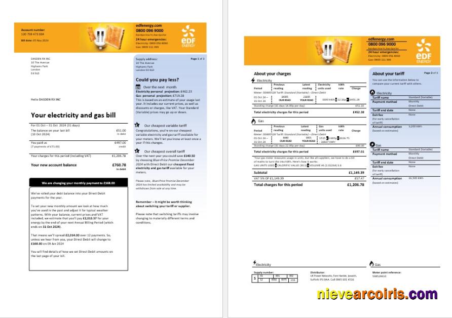United Kingdom EDF business utility bill, 3 pages